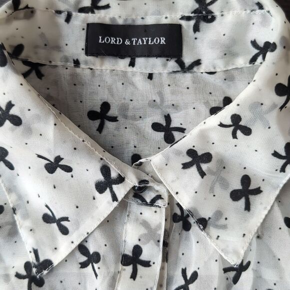 White Chiffon With Black Velvet Bows Button Down Blouse Size M - Picture 4 of 13